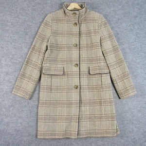 DKNY Women's Plaid Wool-Blend Pea Coat Academia Collar Outwear Jacket Tan M 1198